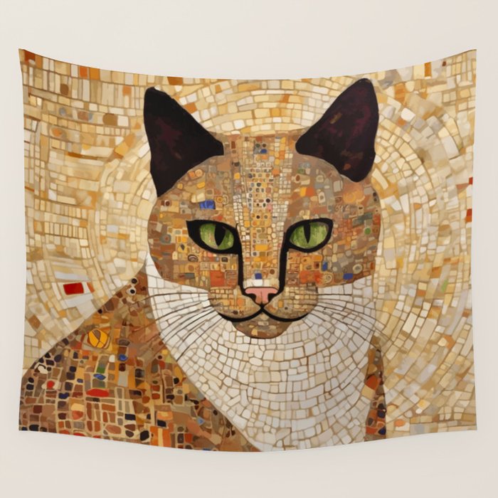Klimt Cat with Green Eyes and White Scarf Wall Tapestry Gallery Image 4