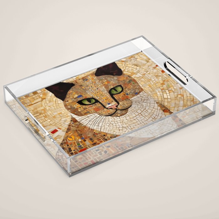 Klimt Cat with Green Eyes and White Scarf Acrylic Tray Gallery Image 1