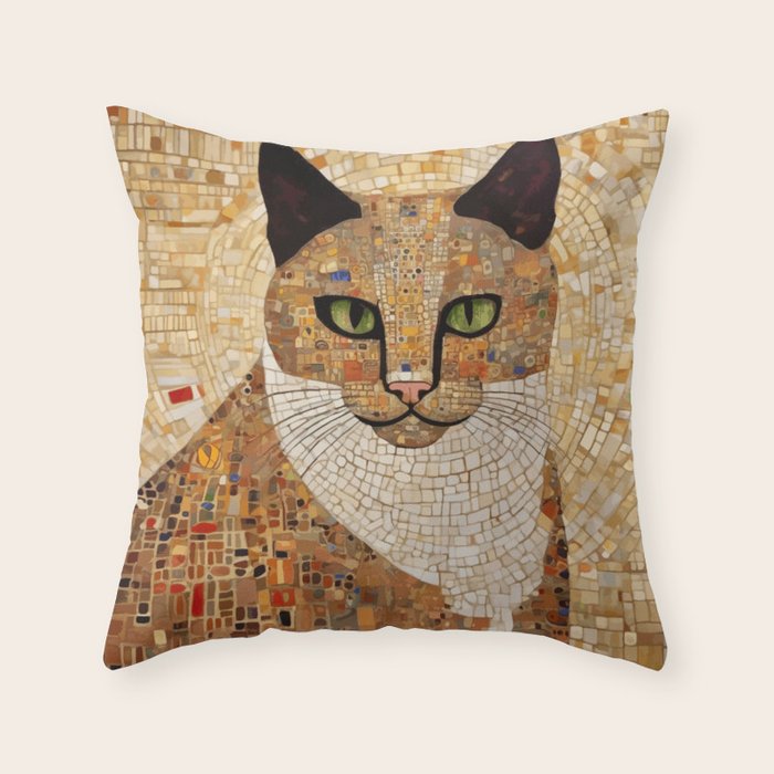 Klimt Cat with Green Eyes and White Scarf Throw Pillow Gallery Image 6