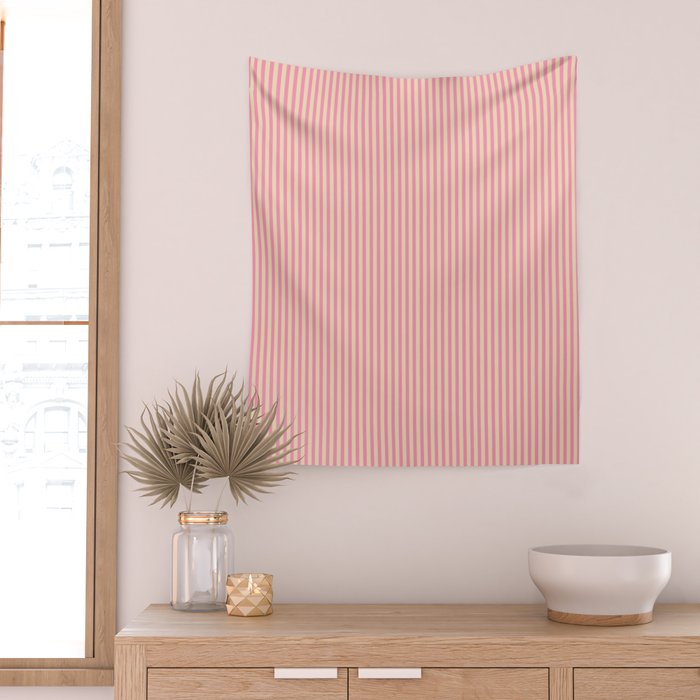 Fine Stripes Narrow Vertical Stripe Pattern Pink Cream Wall Tapestry Gallery Image 2