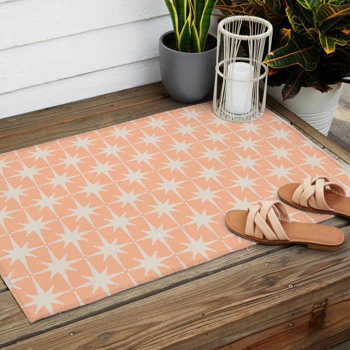 Mid Century Modern Atomic Age Peach Starburst Pattern Outdoor Rug Gallery Image 2