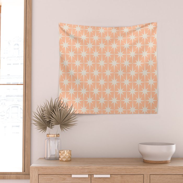 Mid Century Modern Atomic Age Peach Starburst Pattern Wall Tapestry Gallery Image 2