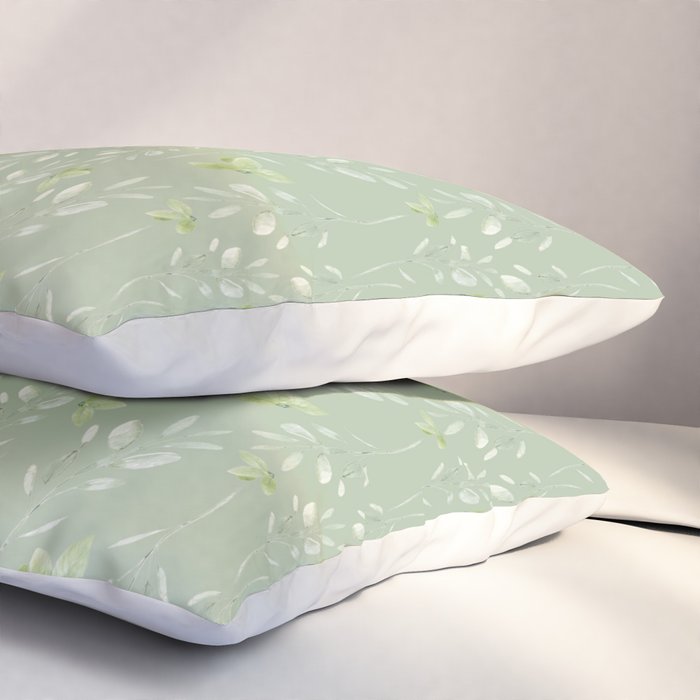 Mint green watercolor hand painted floral leaves Pillow Sham Gallery Image 3