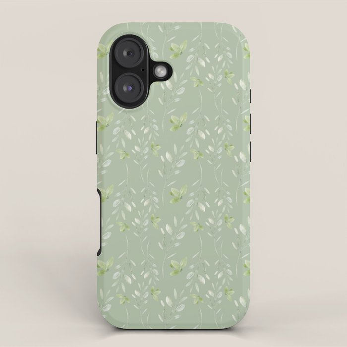 Mint green watercolor hand painted floral leaves iPhone Case Gallery Image 1