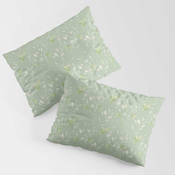 Mint green watercolor hand painted floral leaves Pillow Sham Gallery Image 1