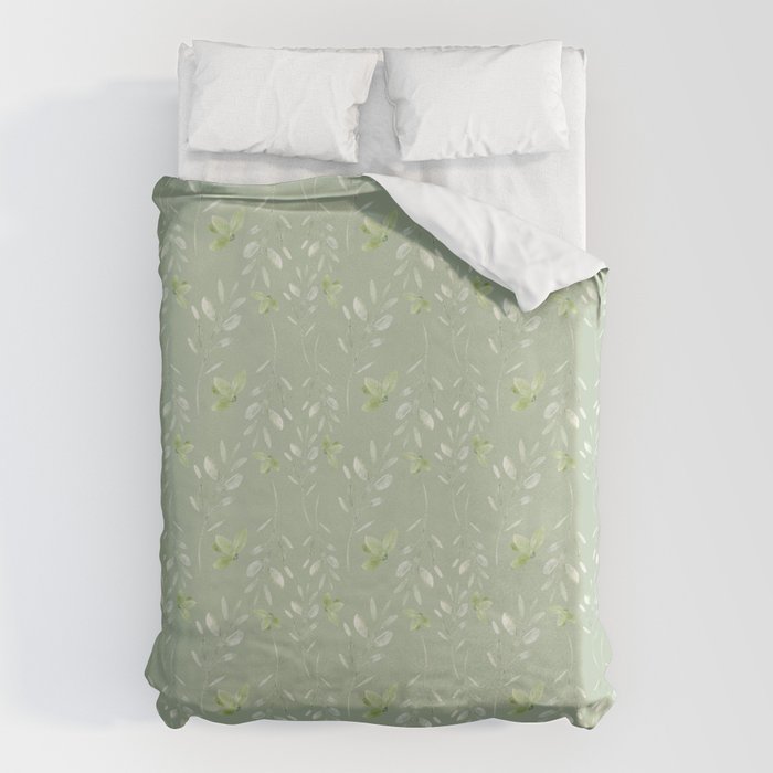 Mint green watercolor hand painted floral leaves Duvet Cover Gallery Image 1