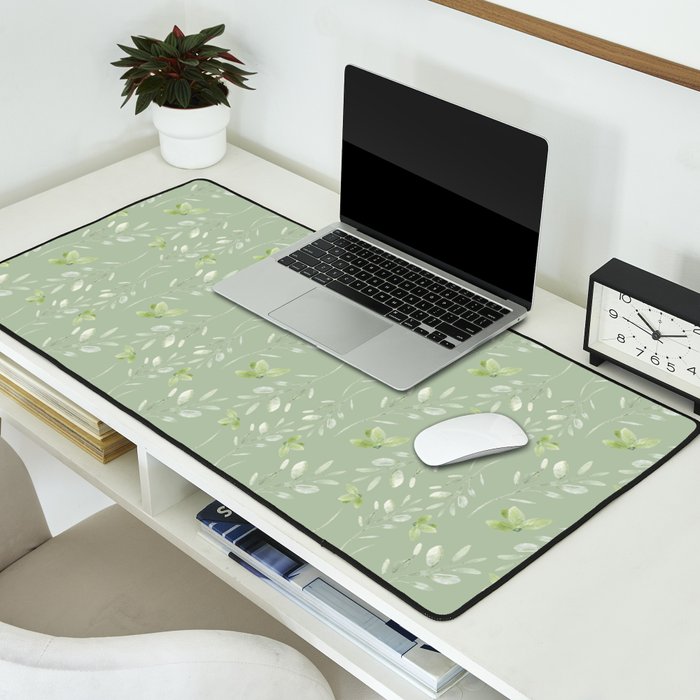 Mint green watercolor hand painted floral leaves Desk Mat Gallery Image 2