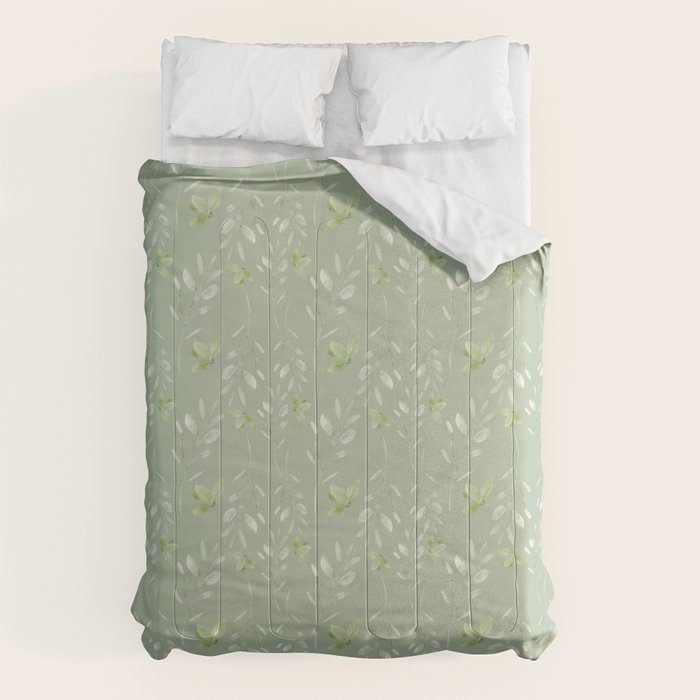 Mint green watercolor hand painted floral leaves Comforter Gallery Image 1