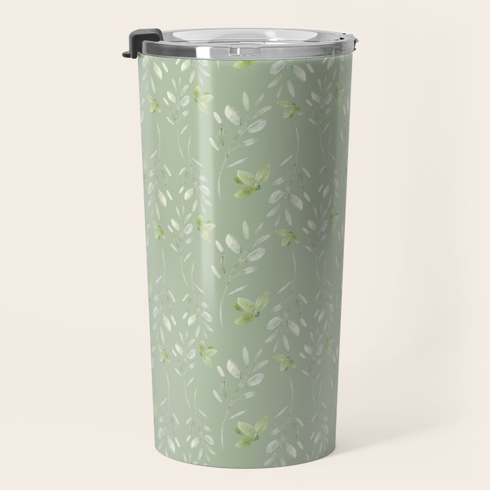 Mint green watercolor hand painted floral leaves Travel Mug Gallery Image 3