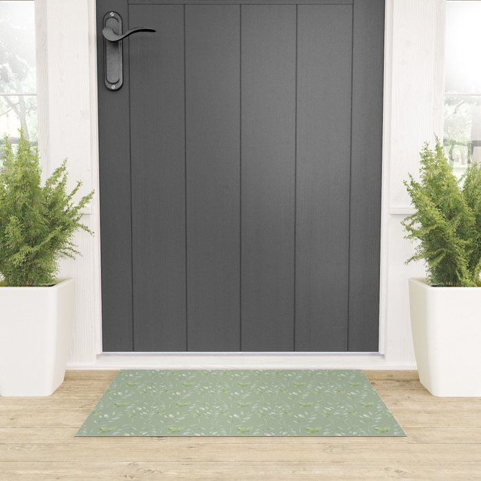 Mint green watercolor hand painted floral leaves Welcome Mat Gallery Image 3