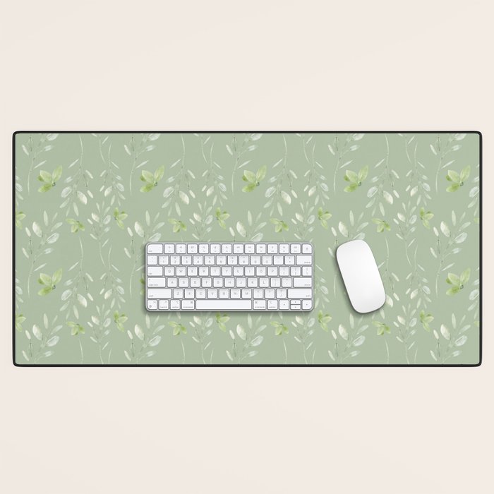 Mint green watercolor hand painted floral leaves Desk Mat Gallery Image 1