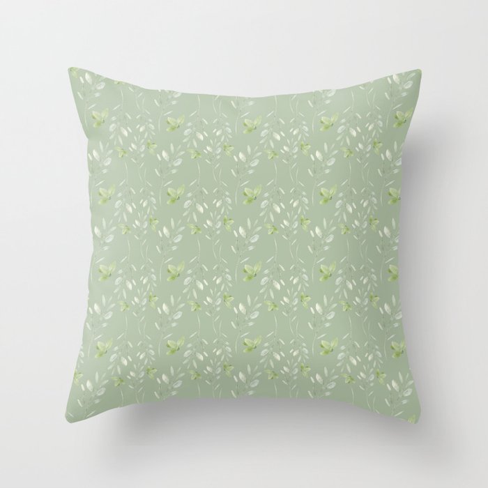 Mint green watercolor hand painted floral leaves Throw Pillow Gallery Image 6