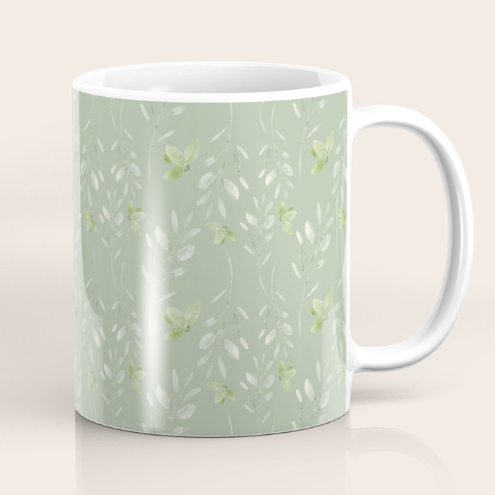 Mint green watercolor hand painted floral leaves Coffee Mug Gallery Image 1
