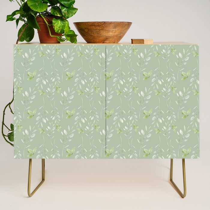 Mint green watercolor hand painted floral leaves Credenza Gallery Image 1