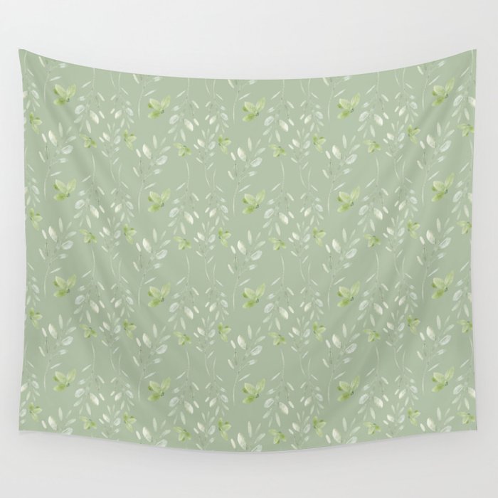 Mint green watercolor hand painted floral leaves Wall Tapestry Gallery Image 1