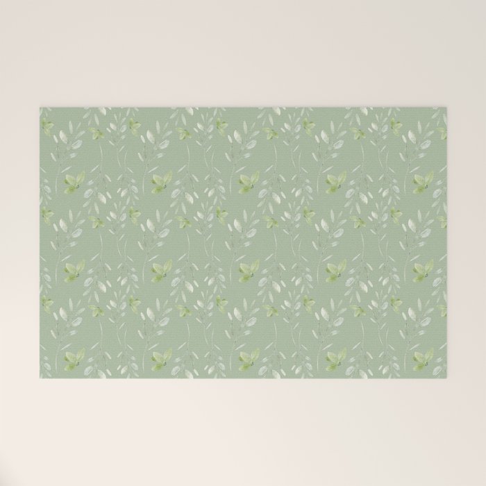 Mint green watercolor hand painted floral leaves Welcome Mat Gallery Image 1