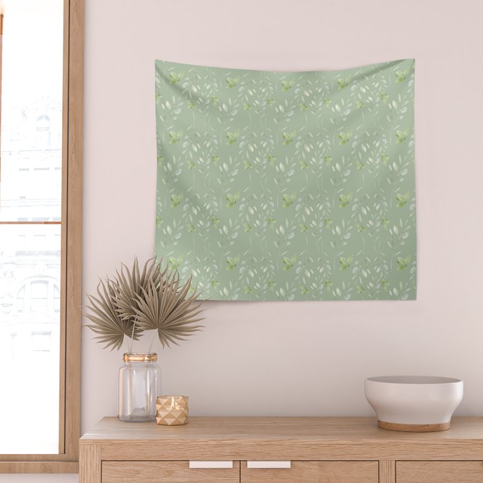 Mint green watercolor hand painted floral leaves Wall Tapestry Gallery Image 2