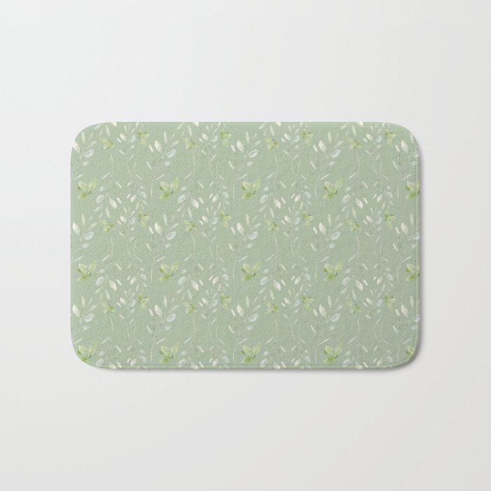 Mint green watercolor hand painted floral leaves Bath Mat Gallery Image 1