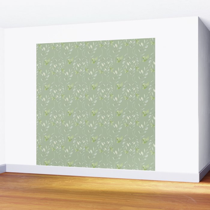 Mint green watercolor hand painted floral leaves Wall Mural Gallery Image 2