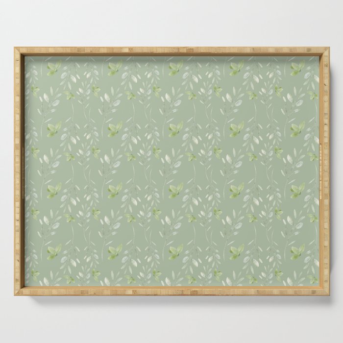 Mint green watercolor hand painted floral leaves Serving Tray Gallery Image 1