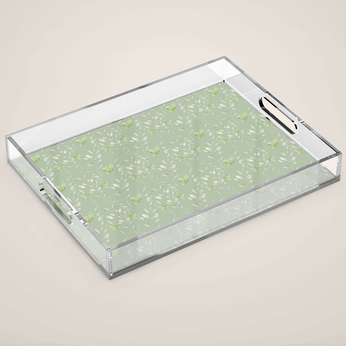 Mint green watercolor hand painted floral leaves Acrylic Tray Gallery Image 1