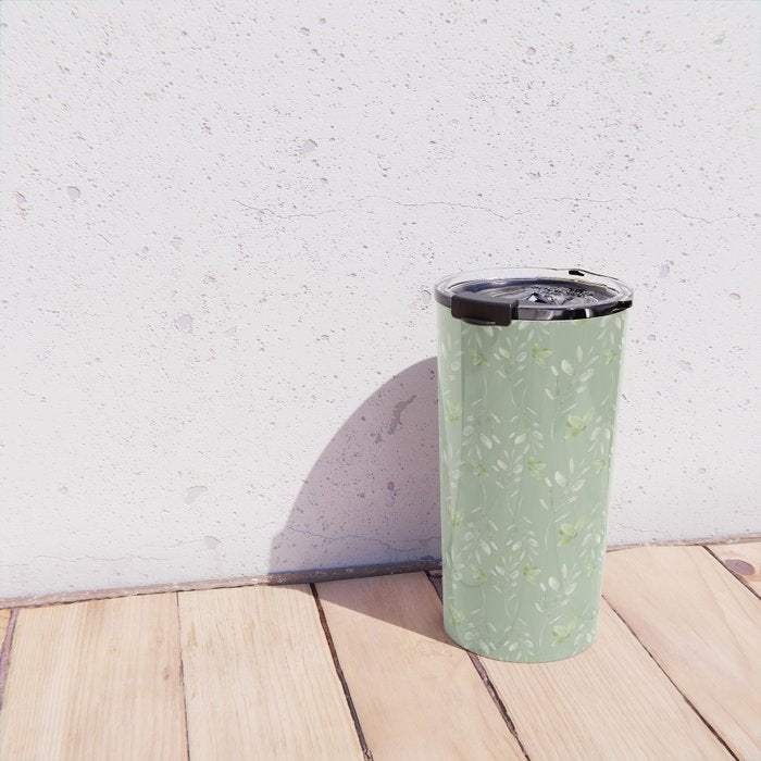 Mint green watercolor hand painted floral leaves Travel Mug Gallery Image 4