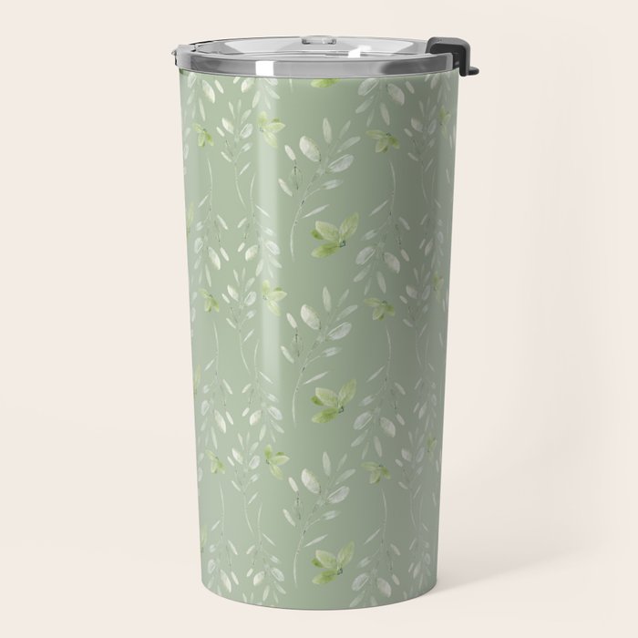 Mint green watercolor hand painted floral leaves Travel Mug Gallery Image 2