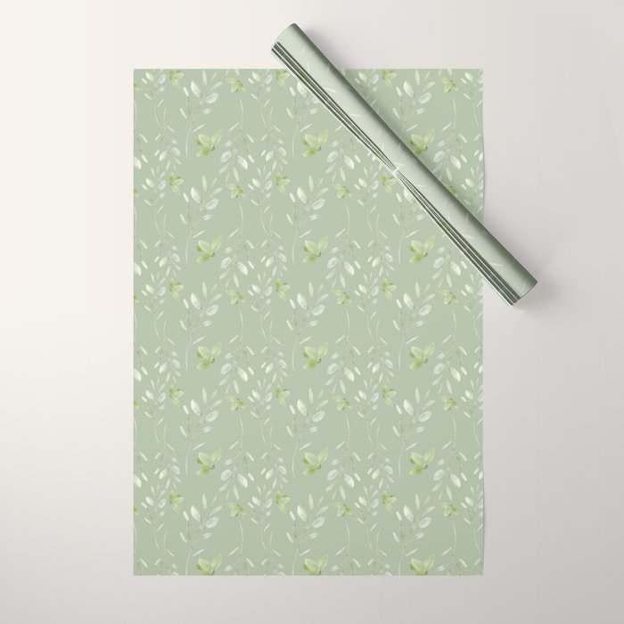 Mint green watercolor hand painted floral leaves Wrapping Paper Gallery Image 1