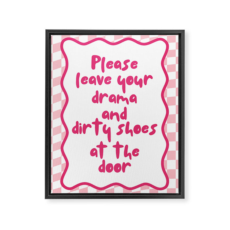 Please Leave Your Drama and Dirty Shoes At The Door, Pink Checkered Wall Decor Framed Canvas Print Gallery Image 6