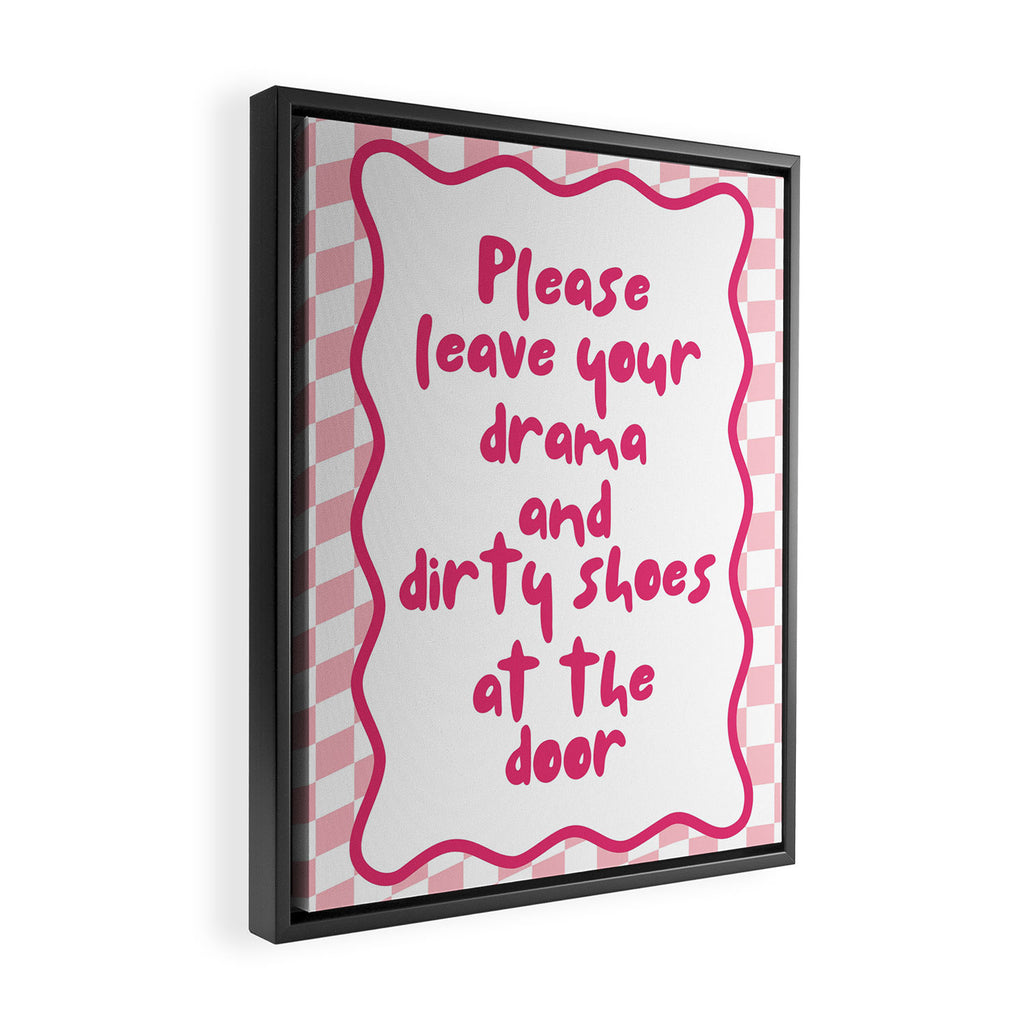 Please Leave Your Drama and Dirty Shoes At The Door, Pink Checkered Wall Decor Framed Canvas Print Gallery Image 2
