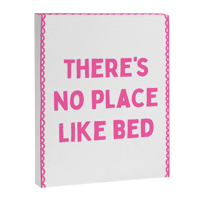 There's No Place Like Bed, Funny Pink Bedroom Quote Canvas Print Gallery Image 1