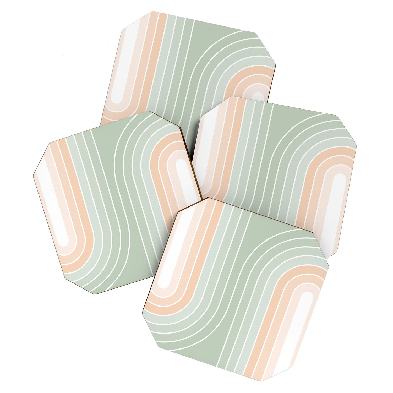 Abstract Retro Double Spring Rainbow - Pastel sage green and Peach fuzz Coaster Gallery Image 1
