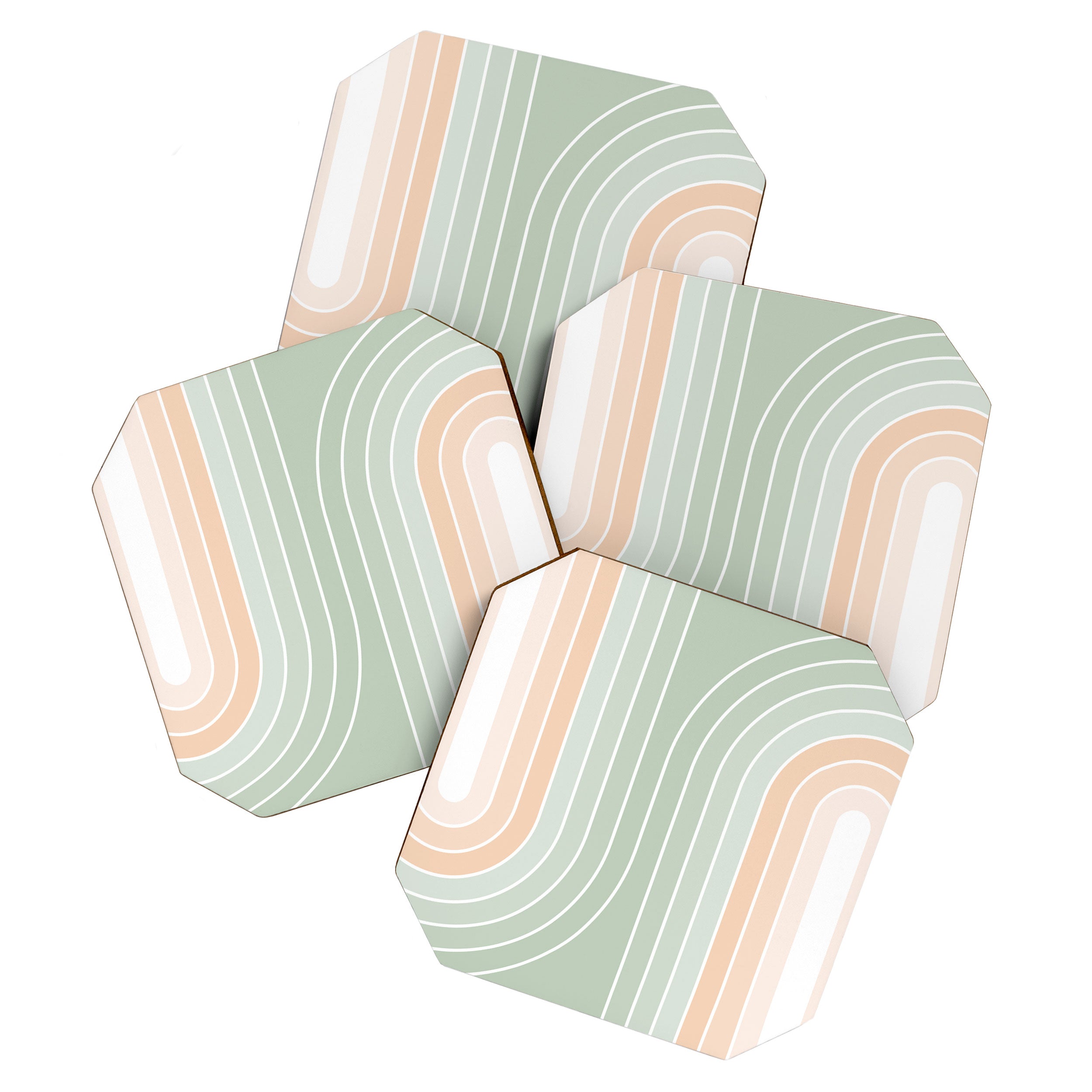 Abstract Retro Double Spring Rainbow - Pastel sage green and Peach fuzz Coaster Gallery Image 1