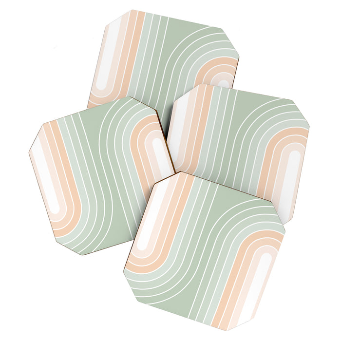 Abstract Retro Double Spring Rainbow - Pastel sage green and Peach fuzz Coaster Gallery Image 1