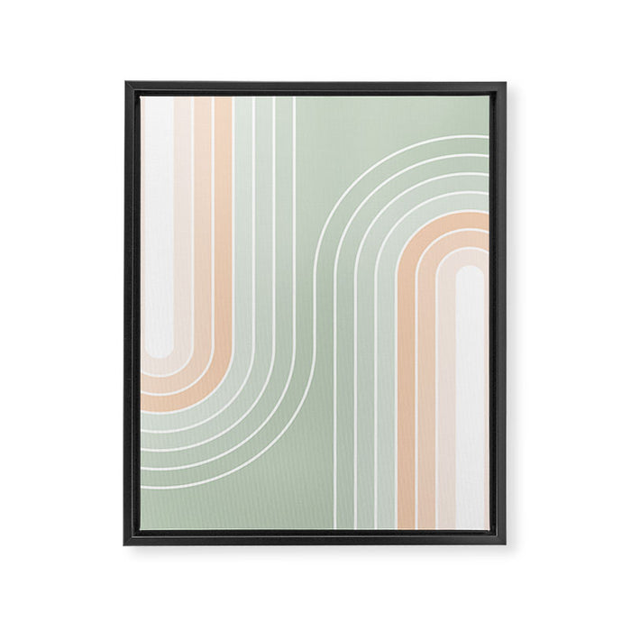 Abstract Retro Double Spring Rainbow - Pastel sage green and Peach fuzz Framed Canvas Print Gallery Image 1