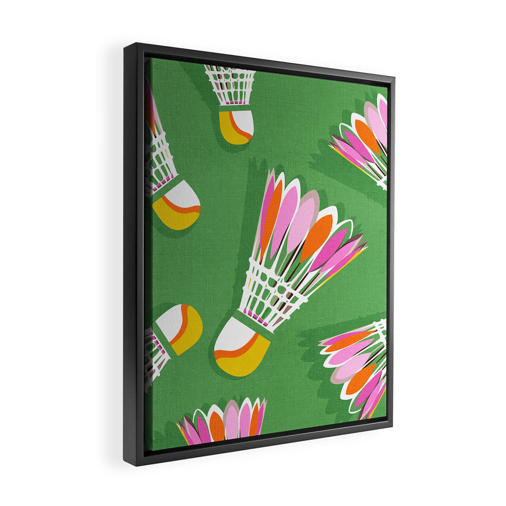 Badminton Birdie Pop Art court sport pattern on bright green Framed Canvas Print Gallery Image 2