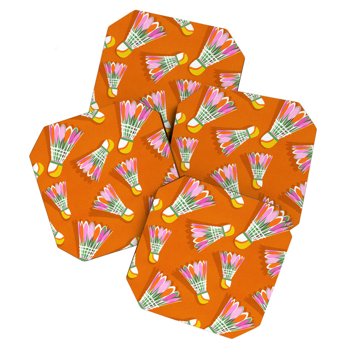 Badminton Birdie Pop Art court sport pattern on bright orange Coaster Gallery Image 1