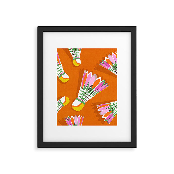 Badminton Birdie Pop Art court sport pattern on bright orange Framed Art Print Gallery Image 1