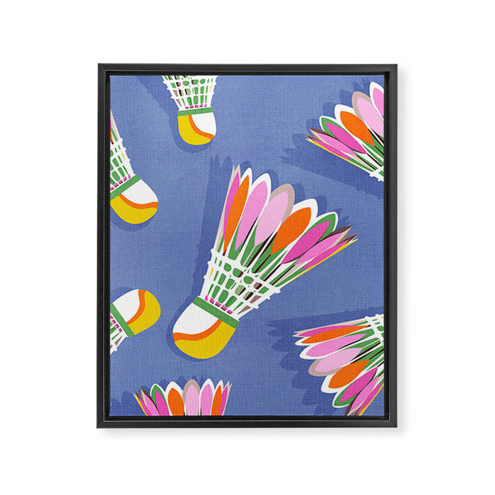 Badminton Birdie Pop Art court sport pattern on cobalt blue Framed Canvas Print Gallery Image 1