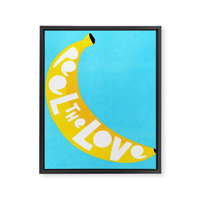 Big fruit Banana with 'Peel the love' typographic pun Framed Canvas Print Gallery Image 1