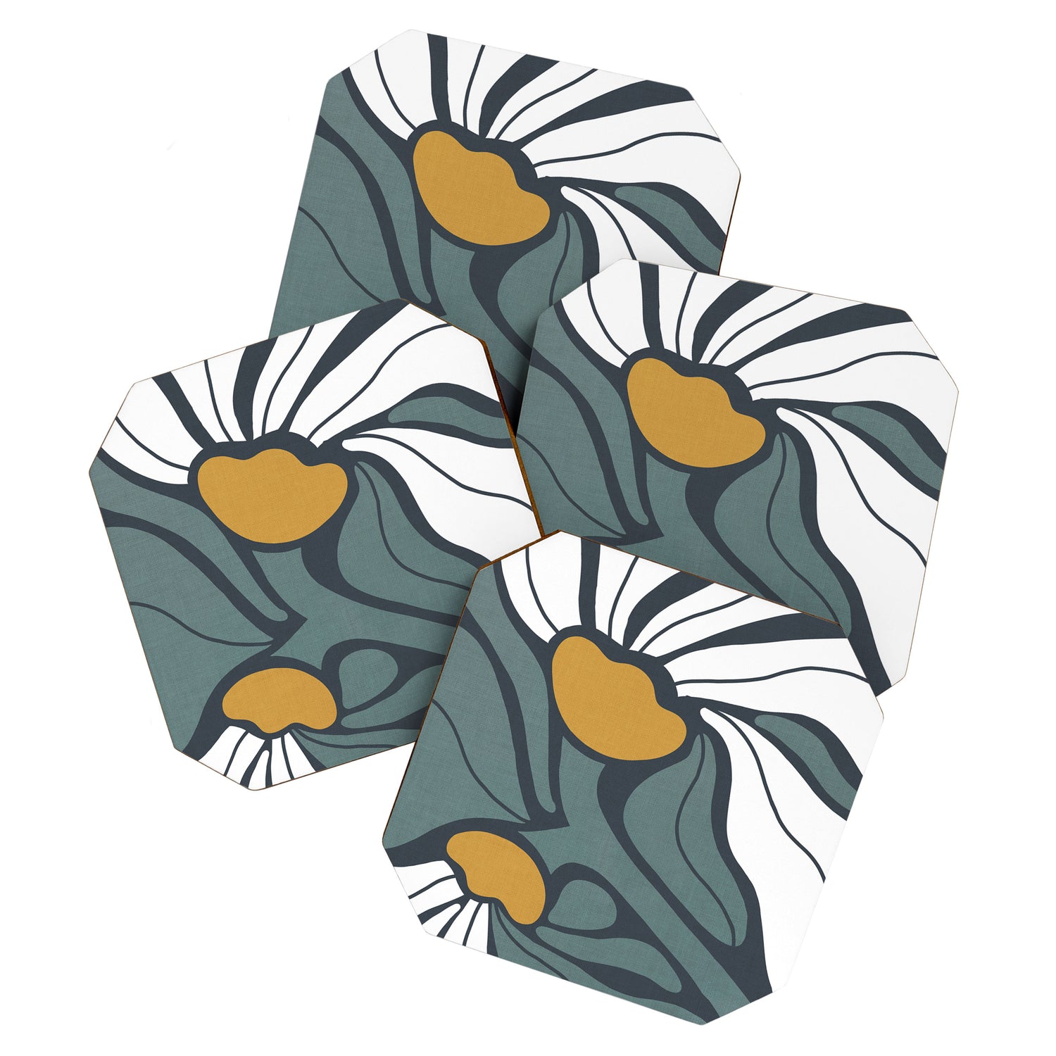 Bold Boho Art Nouveau Floral 3.2 ochre, teal blue, white Coaster Gallery Image 1