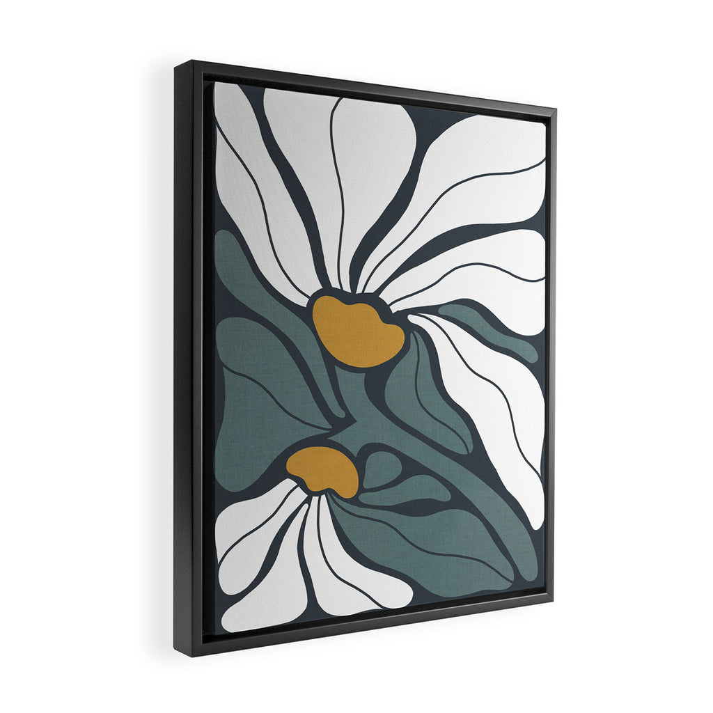 Bold Boho Art Nouveau Floral 3.2 ochre, teal blue, white Framed Canvas Print Gallery Image 2