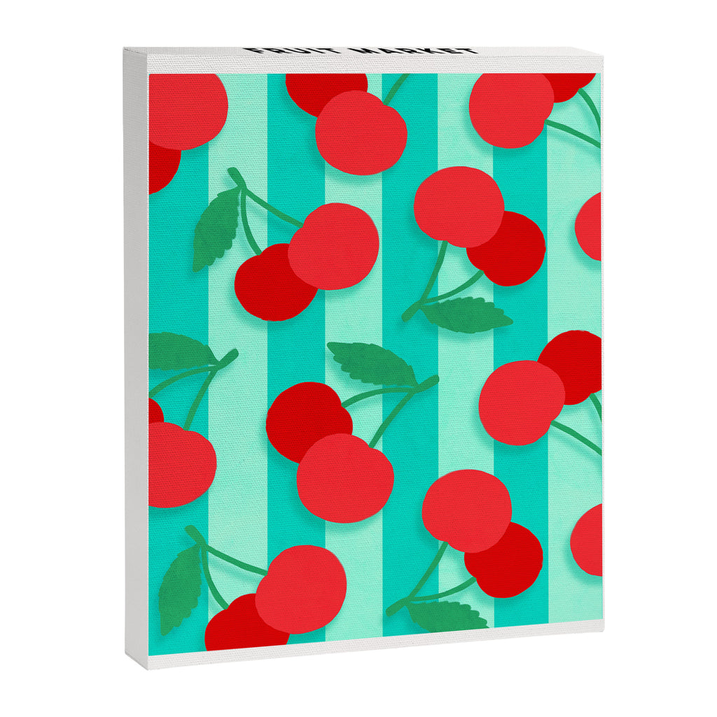 Cherry fruit market poster on aqua and turquoise stripes Canvas Print Gallery Image 6