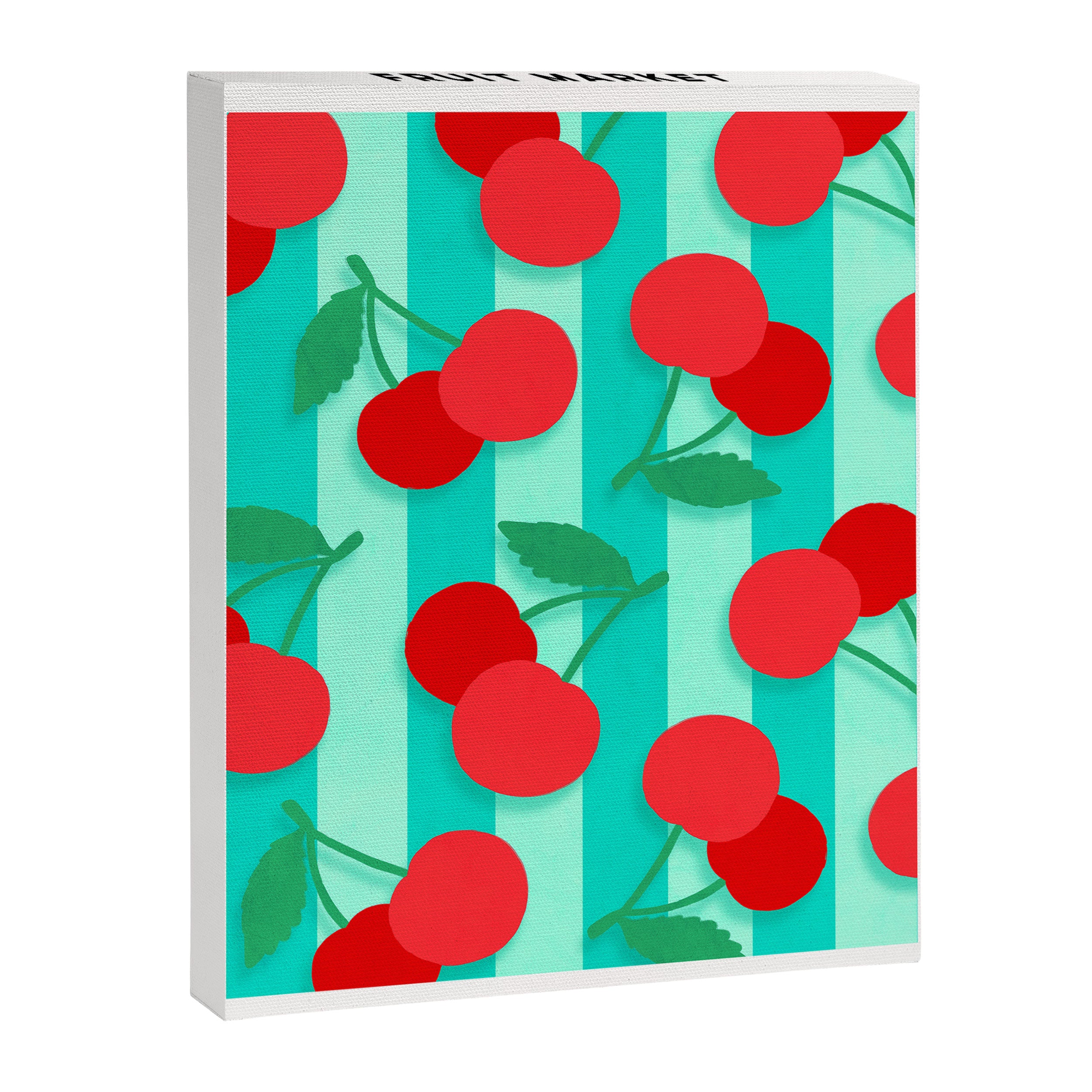 Cherry fruit market poster on aqua and turquoise stripes Canvas Print Gallery Image 6