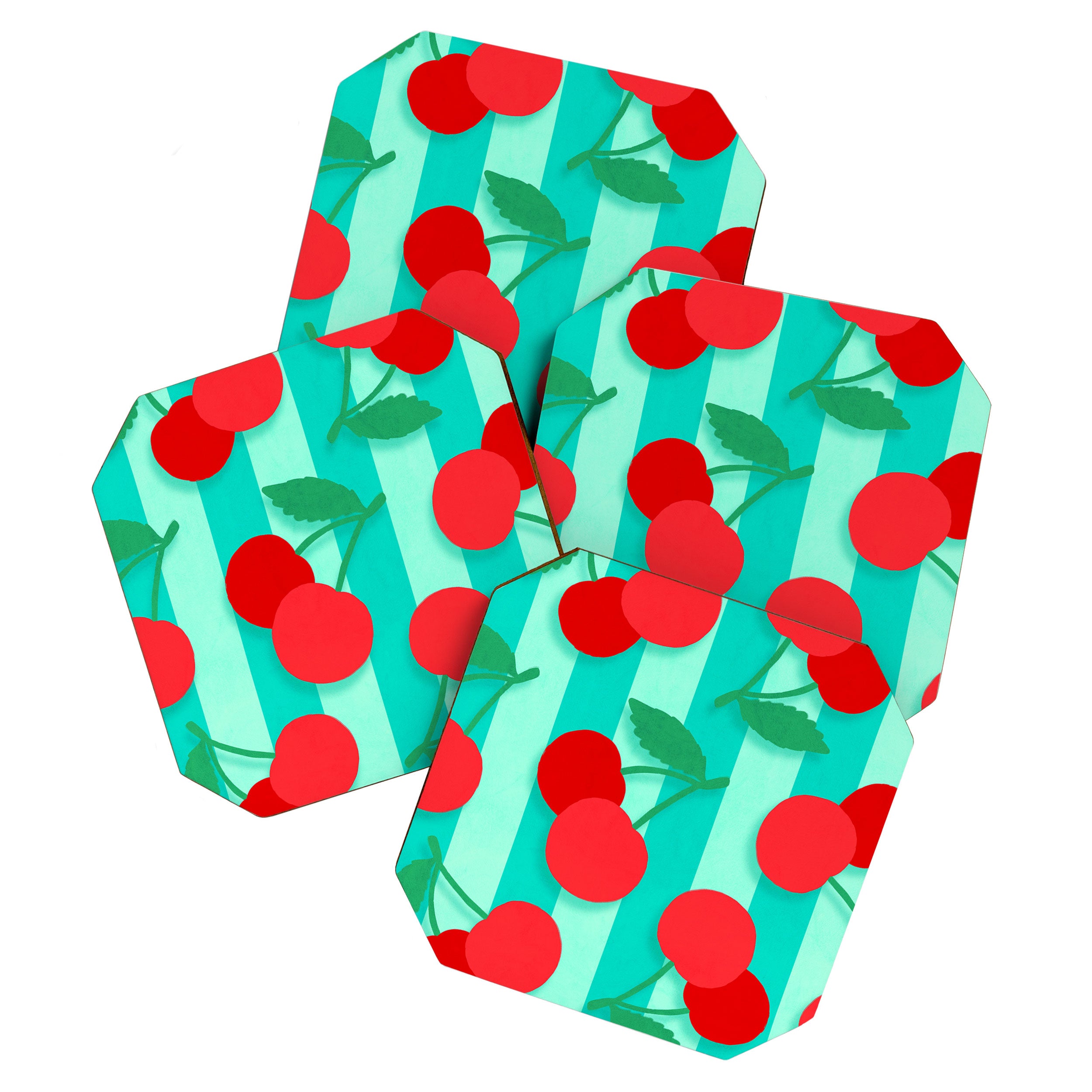 Cherry fruit market poster on aqua and turquoise stripes Coaster Gallery Image 1