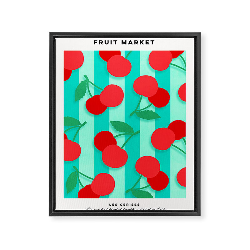 Cherry fruit market poster on aqua and turquoise stripes Framed Canvas Print Gallery Image 6