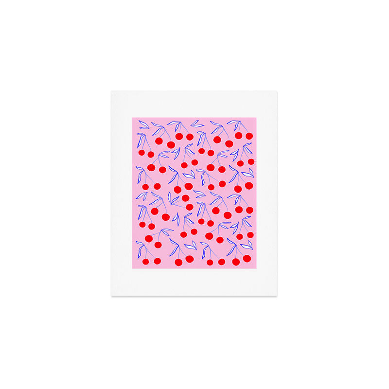 Ditsy Kitsch Cherry pattern in Pink, Red, Blue Art Print Gallery Image 1
