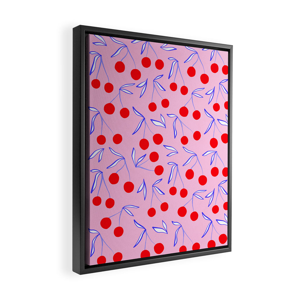 Ditsy Kitsch Cherry pattern in Pink, Red, Blue Framed Canvas Print Gallery Image 2