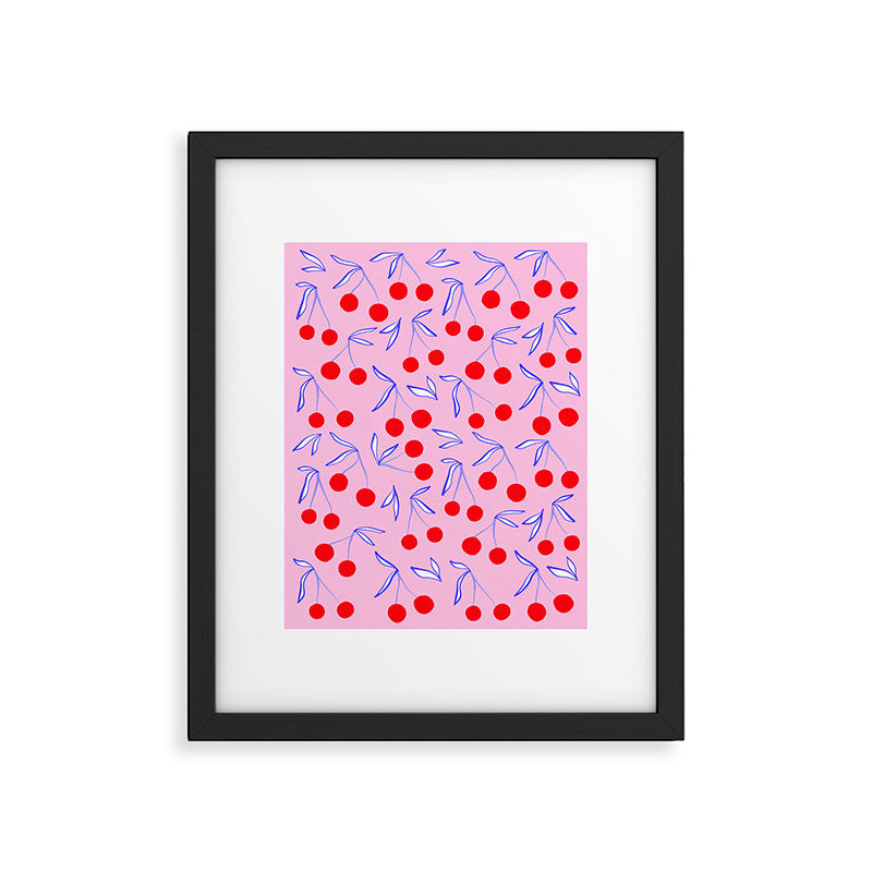 Ditsy Kitsch Cherry pattern in Pink, Red, Blue Framed Art Print Gallery Image 5