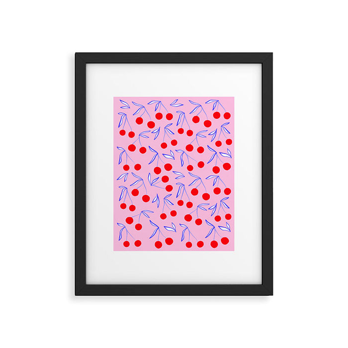 Ditsy Kitsch Cherry pattern in Pink, Red, Blue Framed Art Print Gallery Image 1